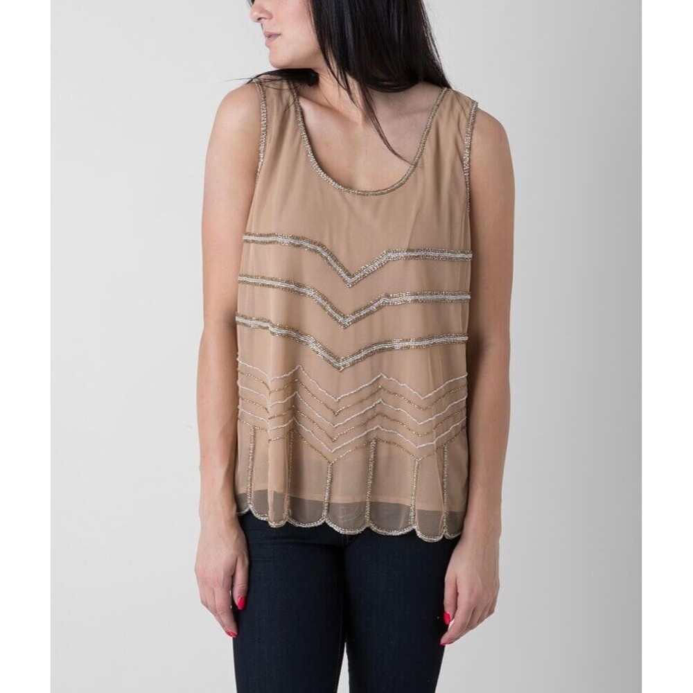Buckle Sheer Mesh Lined‎ Back Tie Tan Gold Beaded Tank Top Size Small NWT - Picture 2 of 15